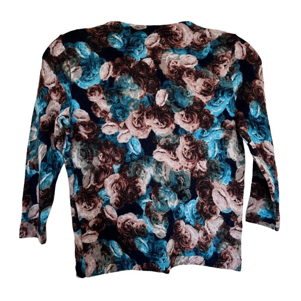 Talbots Petite Floral Rose Print Wool Pullover Sweater | Brown & Teal Pullover - Picture 3 of 7